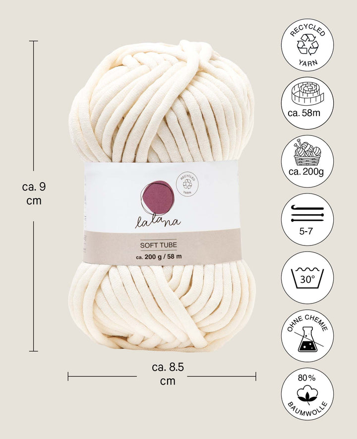 Crème Soft Tube, fil tubulaire Lalana pour crochet, tricot, nouage et projets de macramé, couleur crème, env. 6 mm x 58 m, env. 200 g