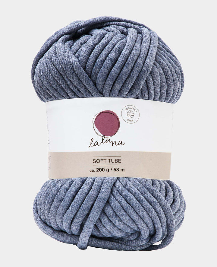 Soft Tube indigo, fil tubulaire Lalana pour crochet, tricot, nouage et projets de macramé, gris-bleu, env. 6 mm x 58 m, env. 200 g