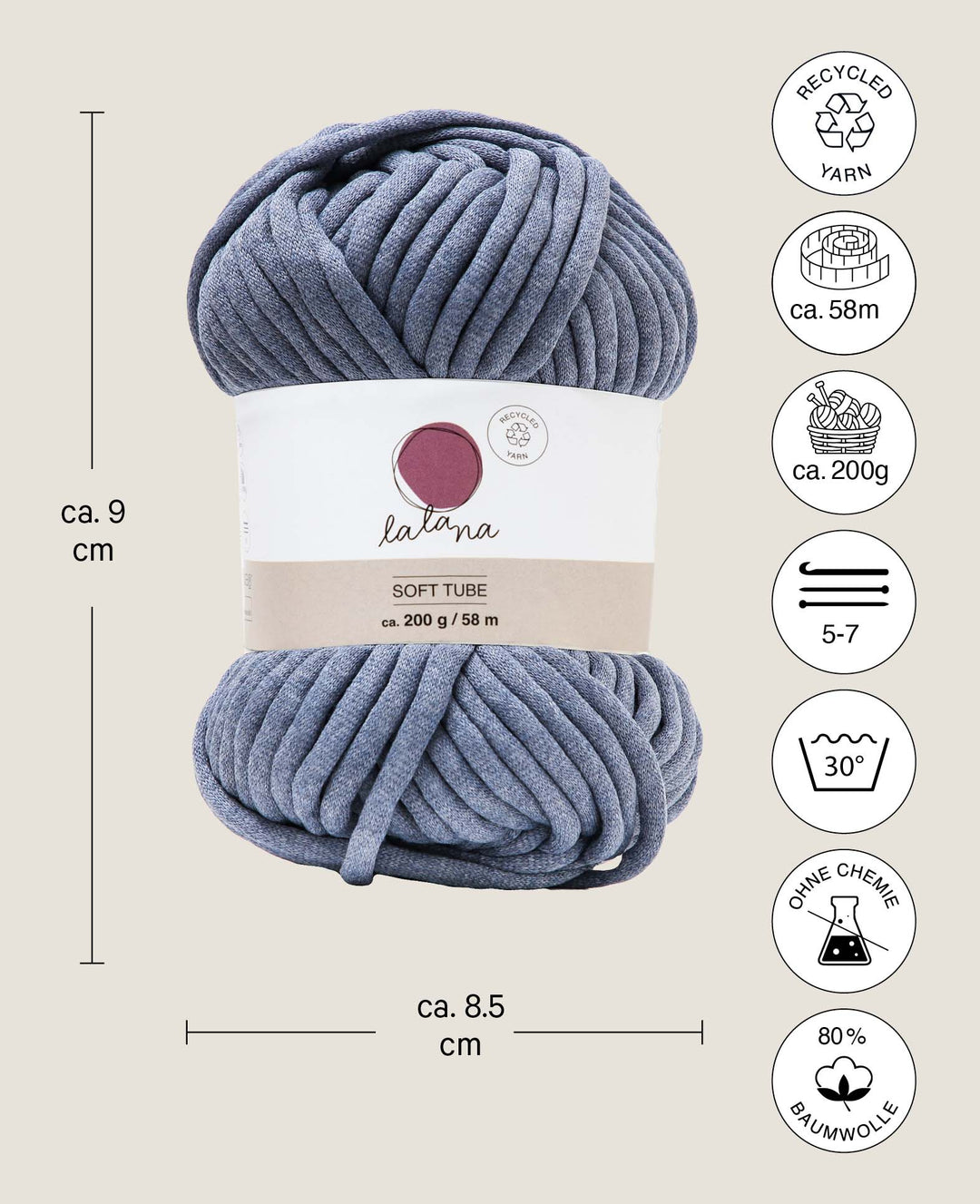 Soft Tube indigo, fil tubulaire Lalana pour crochet, tricot, nouage et projets de macramé, gris-bleu, env. 6 mm x 58 m, env. 200 g
