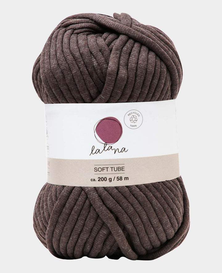 Soft Tube marron, fil tubulaire Lalana pour projets de crochet, tricot, nouage et macramé, marron, env. 6 mm x 58 m, env. 200 g