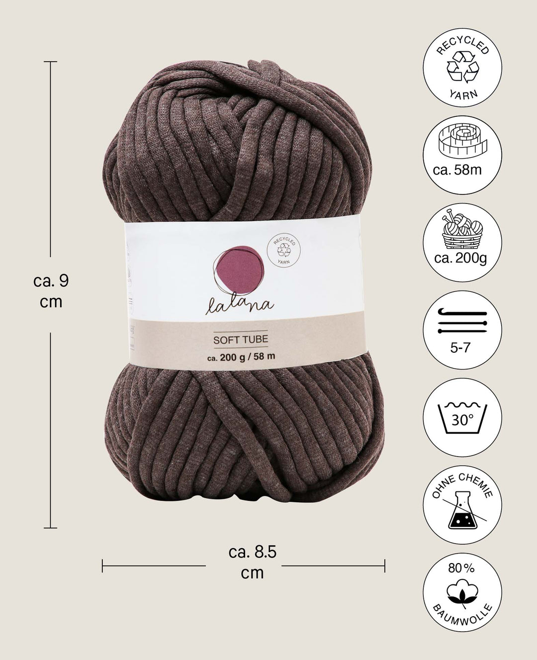 Soft Tube marron, fil tubulaire Lalana pour projets de crochet, tricot, nouage et macramé, marron, env. 6 mm x 58 m, env. 200 g