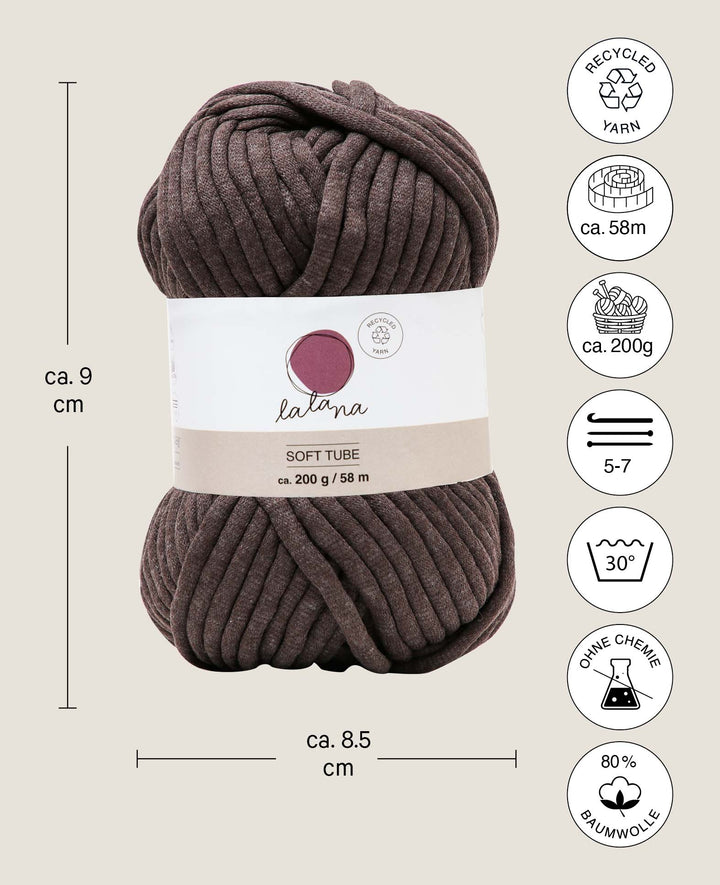 Soft Tube marron, fil tubulaire Lalana pour projets de crochet, tricot, nouage et macramé, marron, env. 6 mm x 58 m, env. 200 g