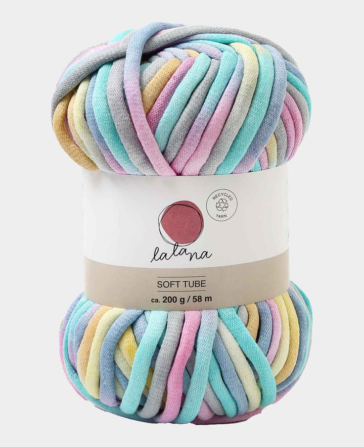 Lalana Soft Tube Rainbow, Yellow, Turquoise, Pastel Pink Mix, approx. 6 mm x 58 m, approx. 200 g