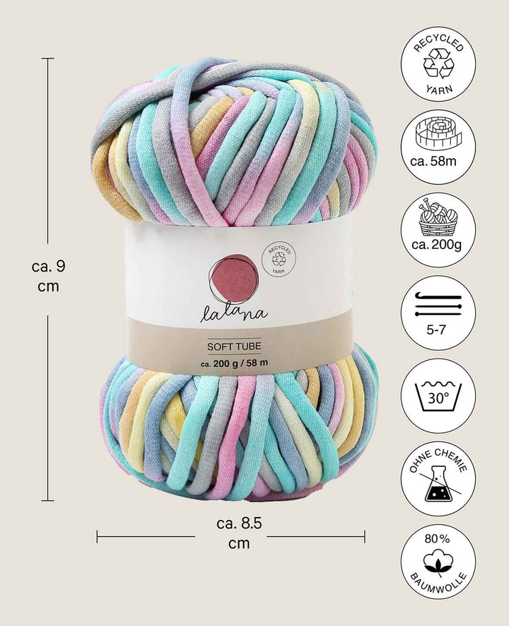 Lalana Soft Tube Rainbow, Yellow, Turquoise, Pastel Pink Mix, approx. 6 mm x 58 m, approx. 200 g