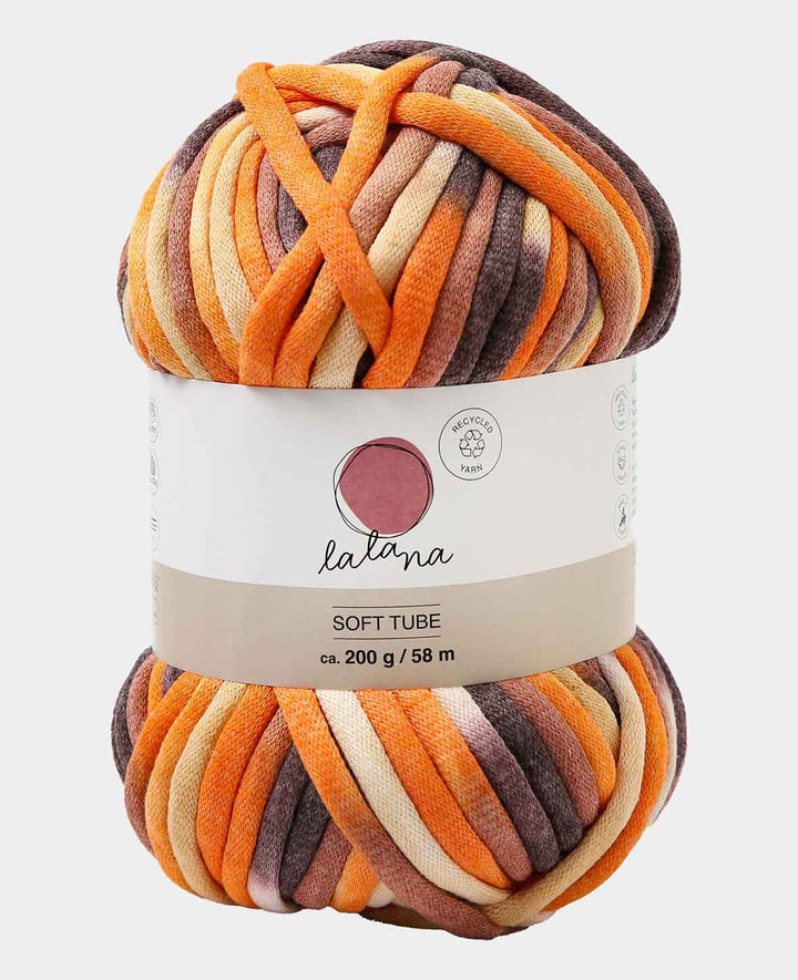 Soft Tube Rainbow 2, fil tubulaire Lalana pour crochet, tricot, nouage et projets de macramé, mélange orange, marron, env. 6 mm x 58 m, env. 200 g