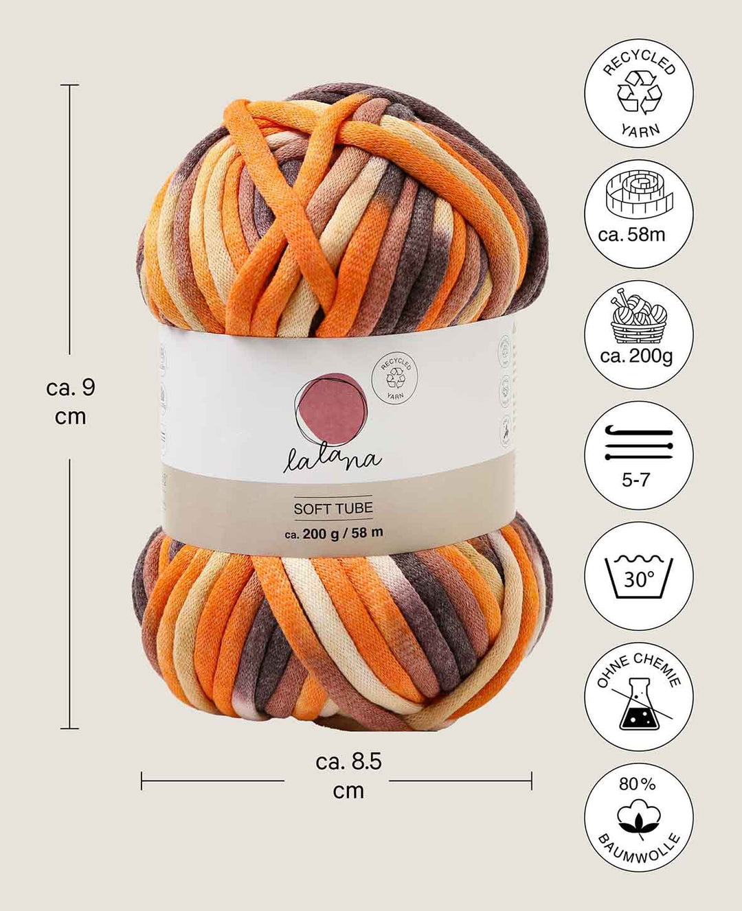 Soft Tube Rainbow 2, fil tubulaire Lalana pour crochet, tricot, nouage et projets de macramé, mélange orange, marron, env. 6 mm x 58 m, env. 200 g