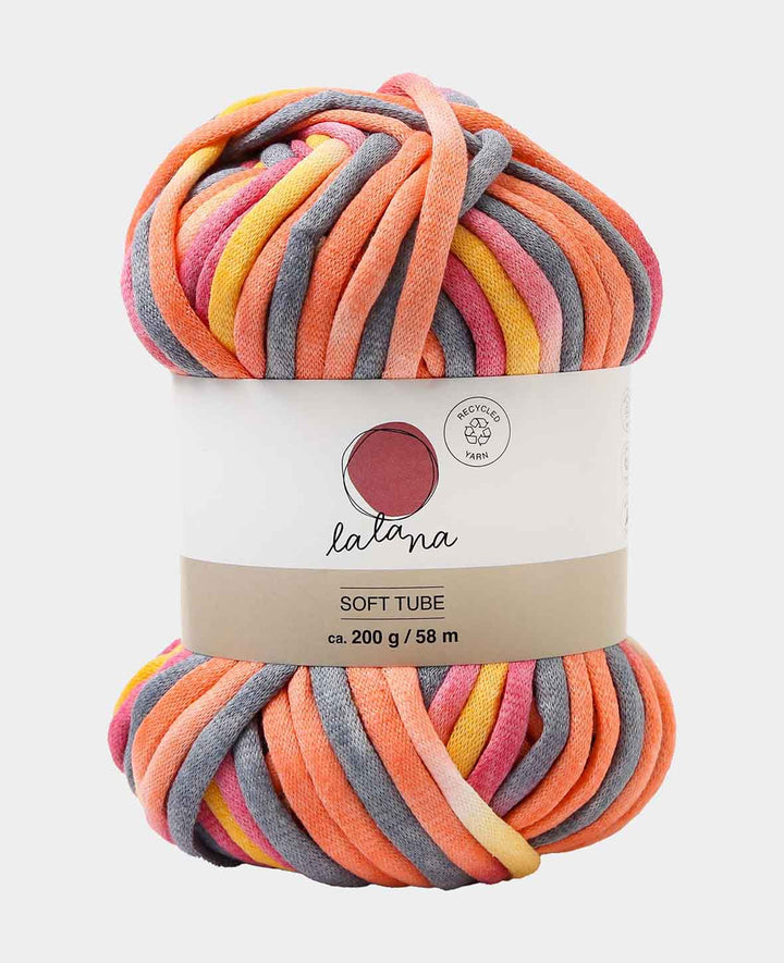 Lalana Soft Tube Rainbow 3, jaune, orange, rose, fuchsia, mélange de gris, environ 6 mm x 58 m, environ 200 g