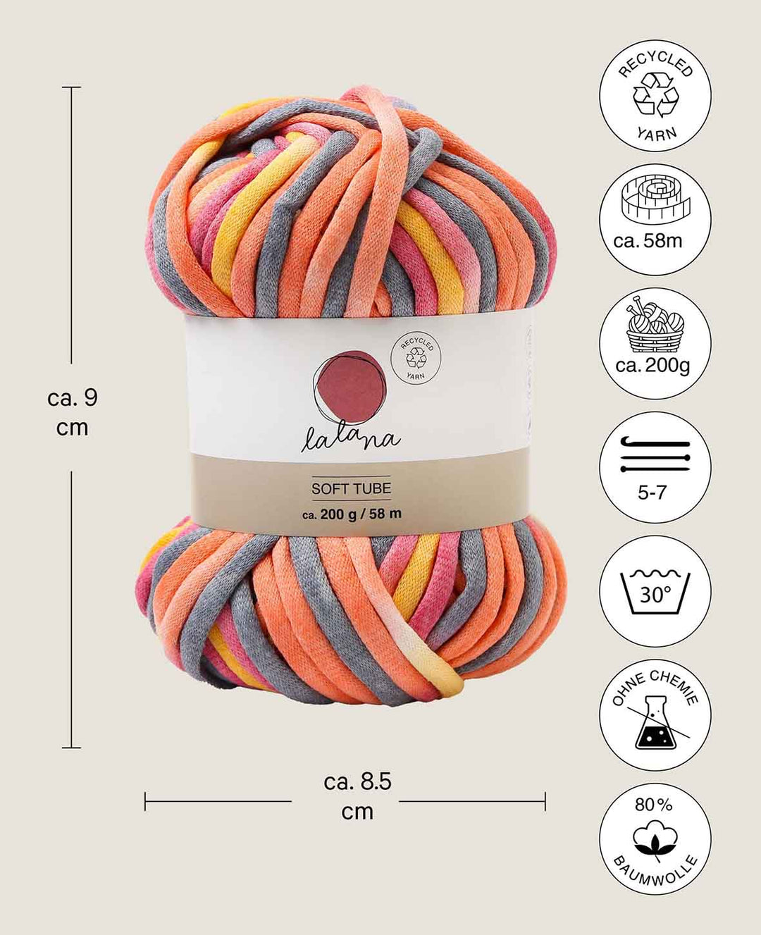 Lalana Soft Tube Rainbow 3, jaune, orange, rose, fuchsia, mélange de gris, environ 6 mm x 58 m, environ 200 g