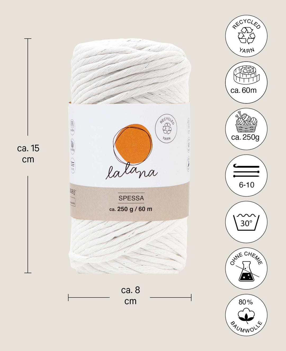 Spessa cream silver, fil macramé Lalana, couleur crème et argent, env. 5 mm x 60 m, env. 250 g