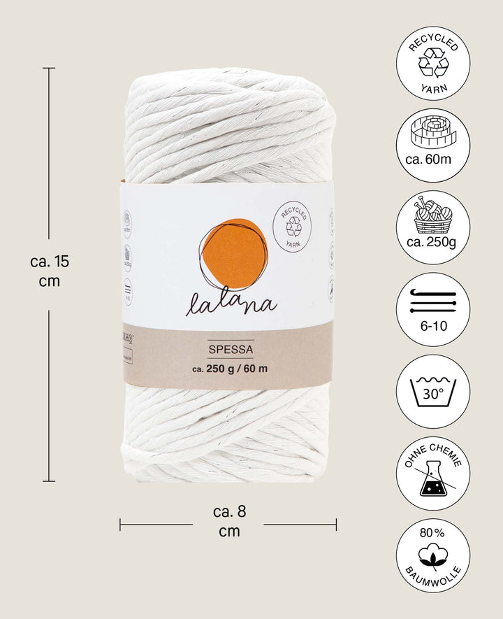Spessa cream silver, fil macramé Lalana, couleur crème et argent, env. 5 mm x 60 m, env. 250 g