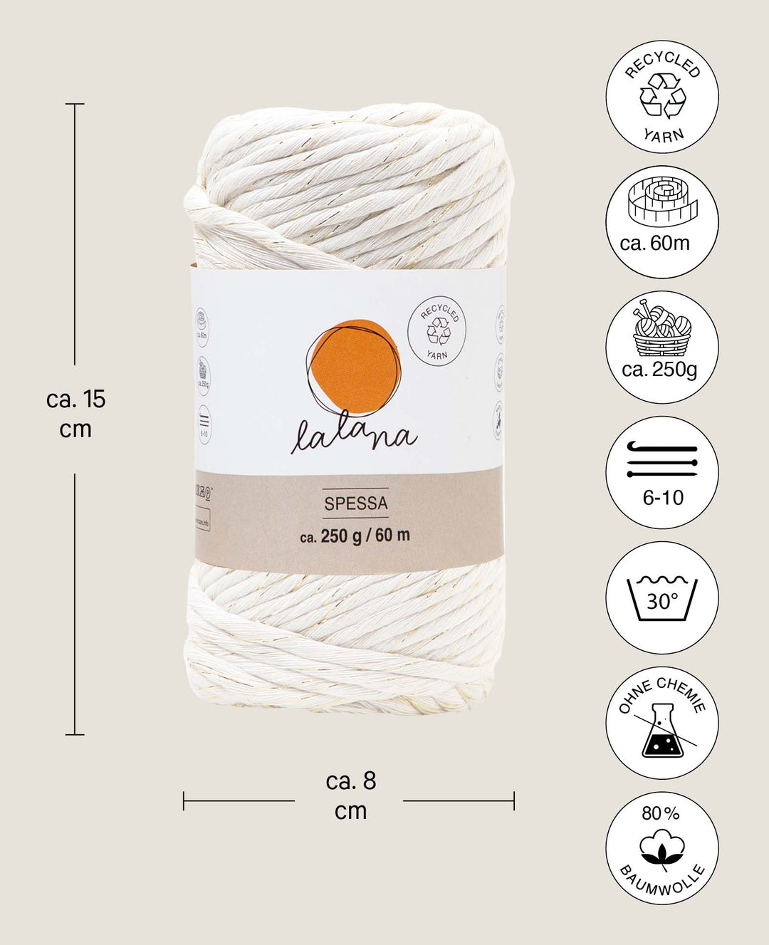 Spessa cream gold, fil macramé Lalana pour crochet, tricot, nouage et projets de macramé, couleur crème et or, env. 5 mm x 60 m, env. 250 g