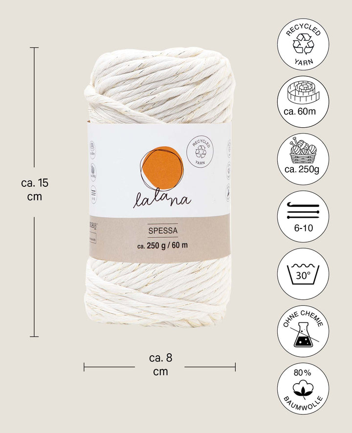 Spessa cream gold, fil macramé Lalana pour crochet, tricot, nouage et projets de macramé, couleur crème et or, env. 5 mm x 60 m, env. 250 g