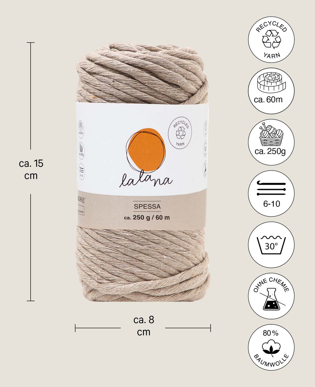 Spessa beige, fil macramé pour crochet, tricot, nouage et projets macramé, beige, env. 5 mm x 60 m, env. 250 g
