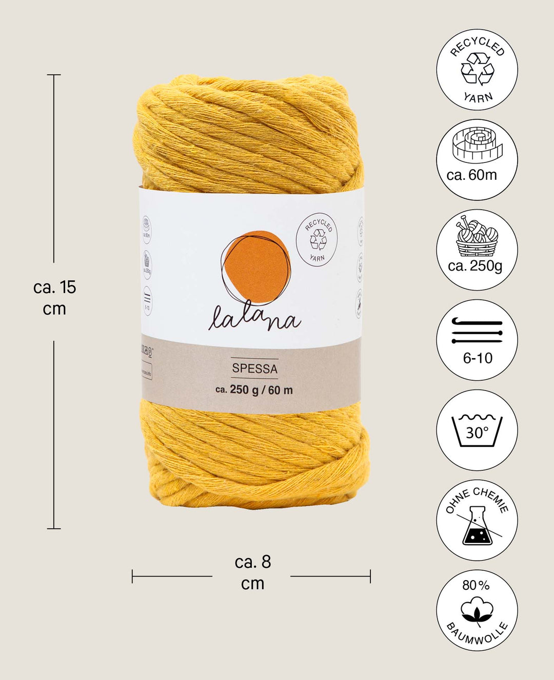 Spessa Mustard, Lalana Macrame Yarn for Crocheting, Knitting, Knotting &amp; Macrame Projects, Mustard Yellow, approx. 5 mm x 60 m, approx. 250 g