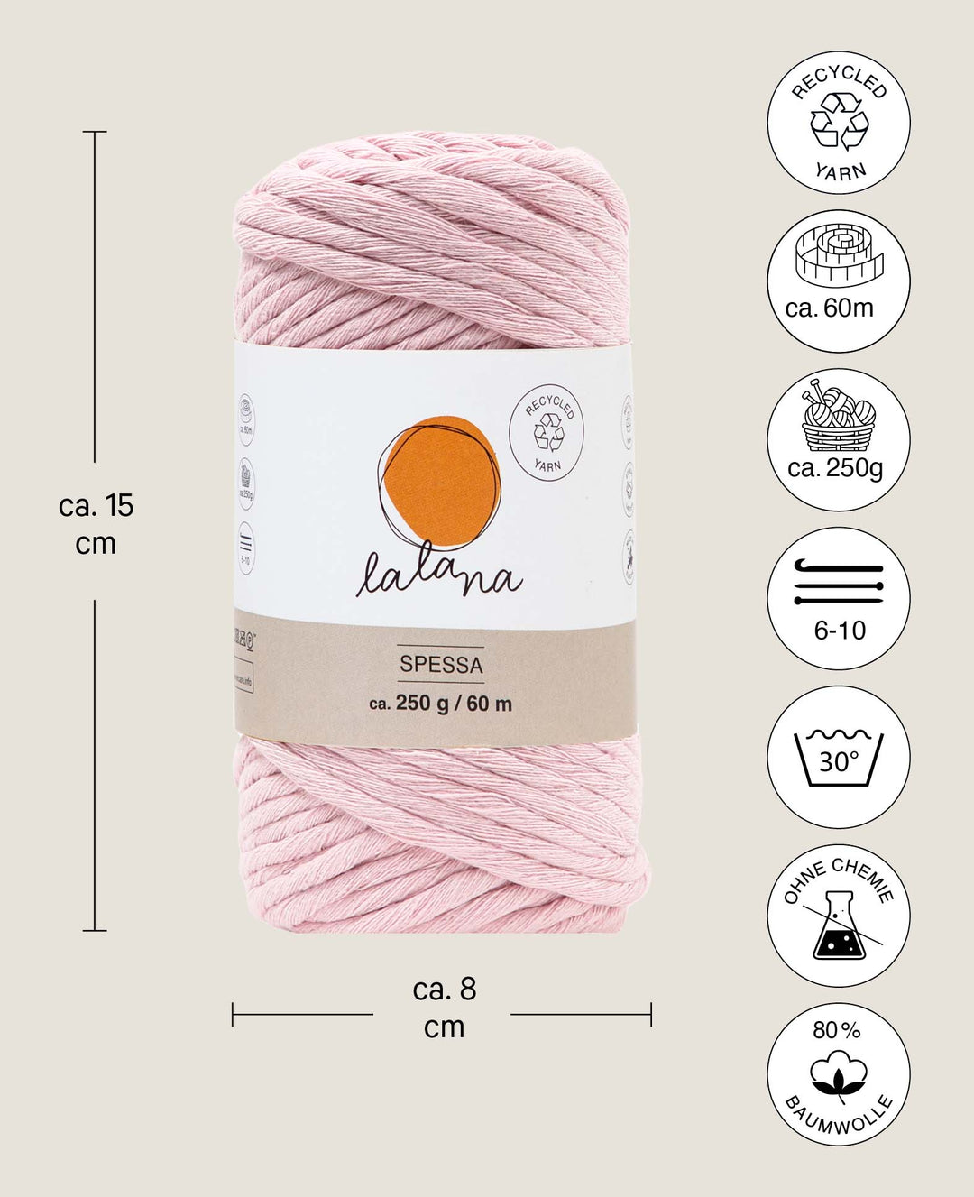 Spessa powder, fil Lalana Macramé pour crochet, tricot, nouage et projets de macramé, Rose, environ 5 mm x 60 m, environ 250 g
