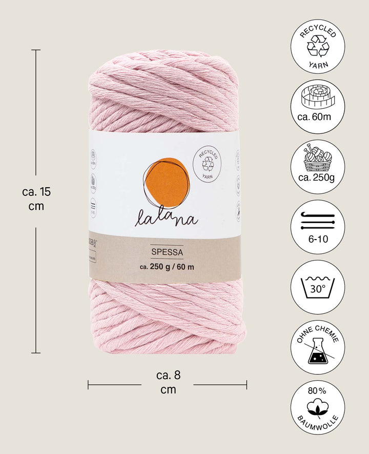 Spessa powder, fil Lalana Macramé pour crochet, tricot, nouage et projets de macramé, Rose, environ 5 mm x 60 m, environ 250 g