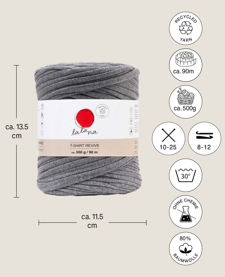 T-Shirt Revive premium grey, Lalana Textilgarn zum Häkeln, Stricken, Knüpfen &amp; Makramee Projekte, Grau, ca. 5 mm x 90 m, ca. 500 g