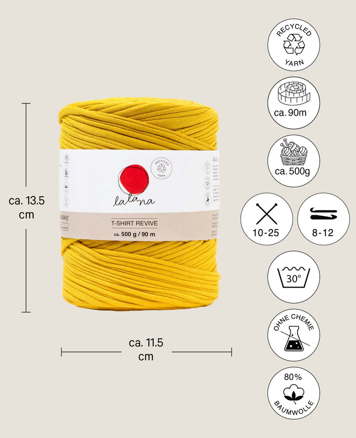 T-Shirt Revive mustard shades, Lalana Textile Yarn for Crocheting, Knitting, Knotting &amp; Macrame Projects, Mustard Yellow, approx. 5 mm x 90 m, approx. 500 g