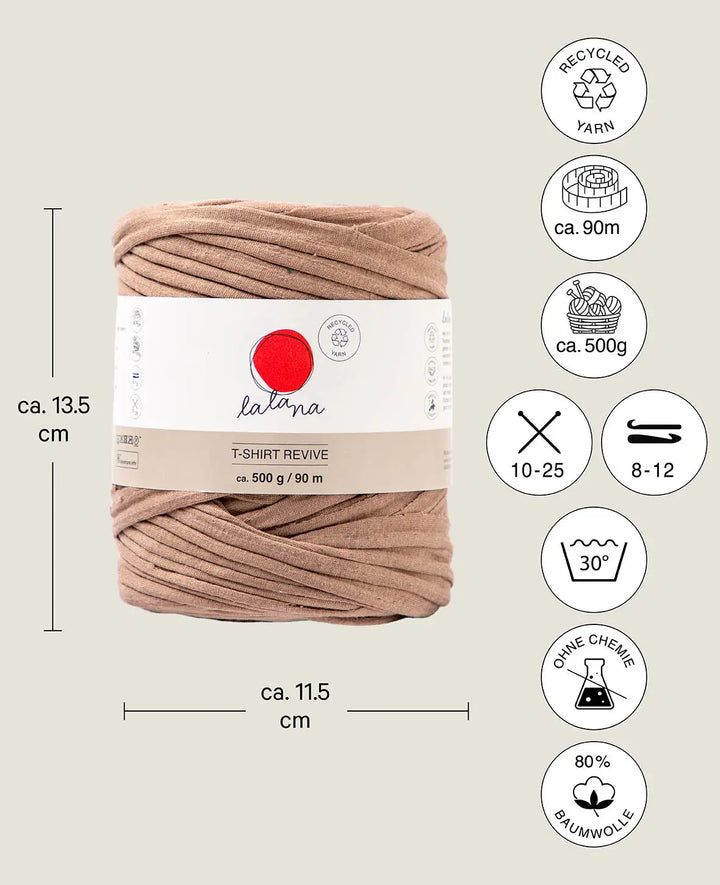 T-Shirt Revive coffee shades, Lalana textile yarn for crochet, knitting, knotting &amp; macramé projects, Brown, approx. 5 mm x 90 m, approx. 500 g