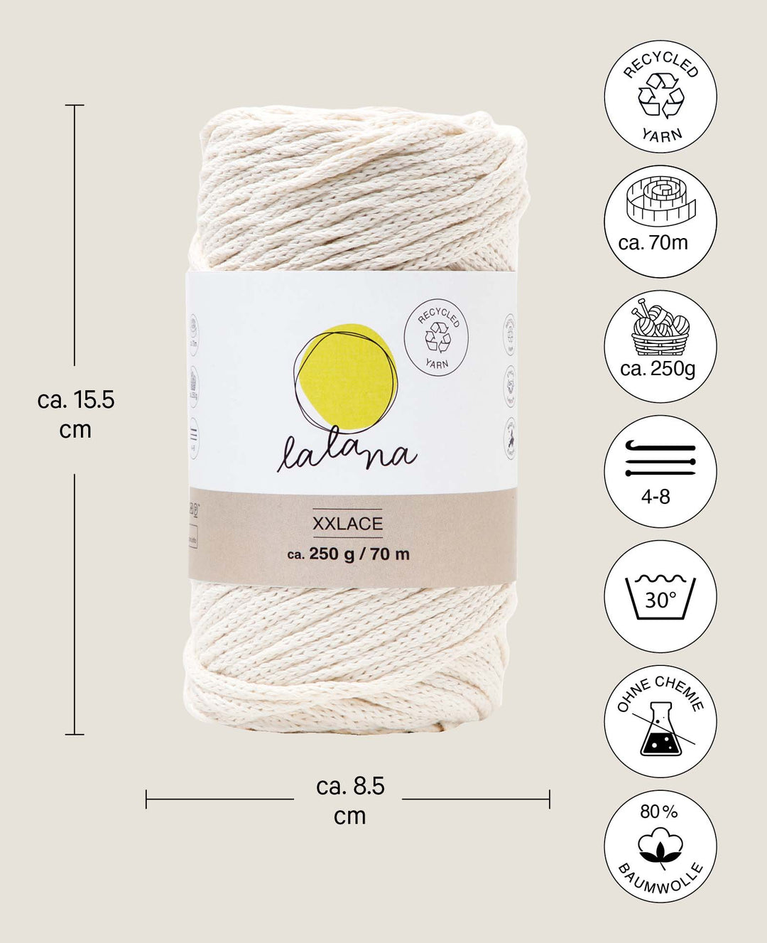 XXlace cream, Lalana chain yarn for crochet, knitting, knotting &amp; macramé projects, cream-colored, approx. 3 mm x 70 m, approx. 200 g