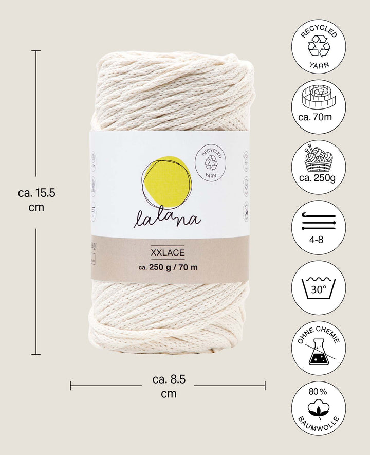 XXlace cream, Lalana chain yarn for crochet, knitting, knotting &amp; macramé projects, cream-colored, approx. 3 mm x 70 m, approx. 200 g