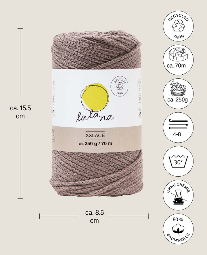 XXlace coffee, Lalana chain yarn for crochet, knitting, knotting &amp; macramé projects, brown, approx. 3 mm x 70 m, approx. 200 g