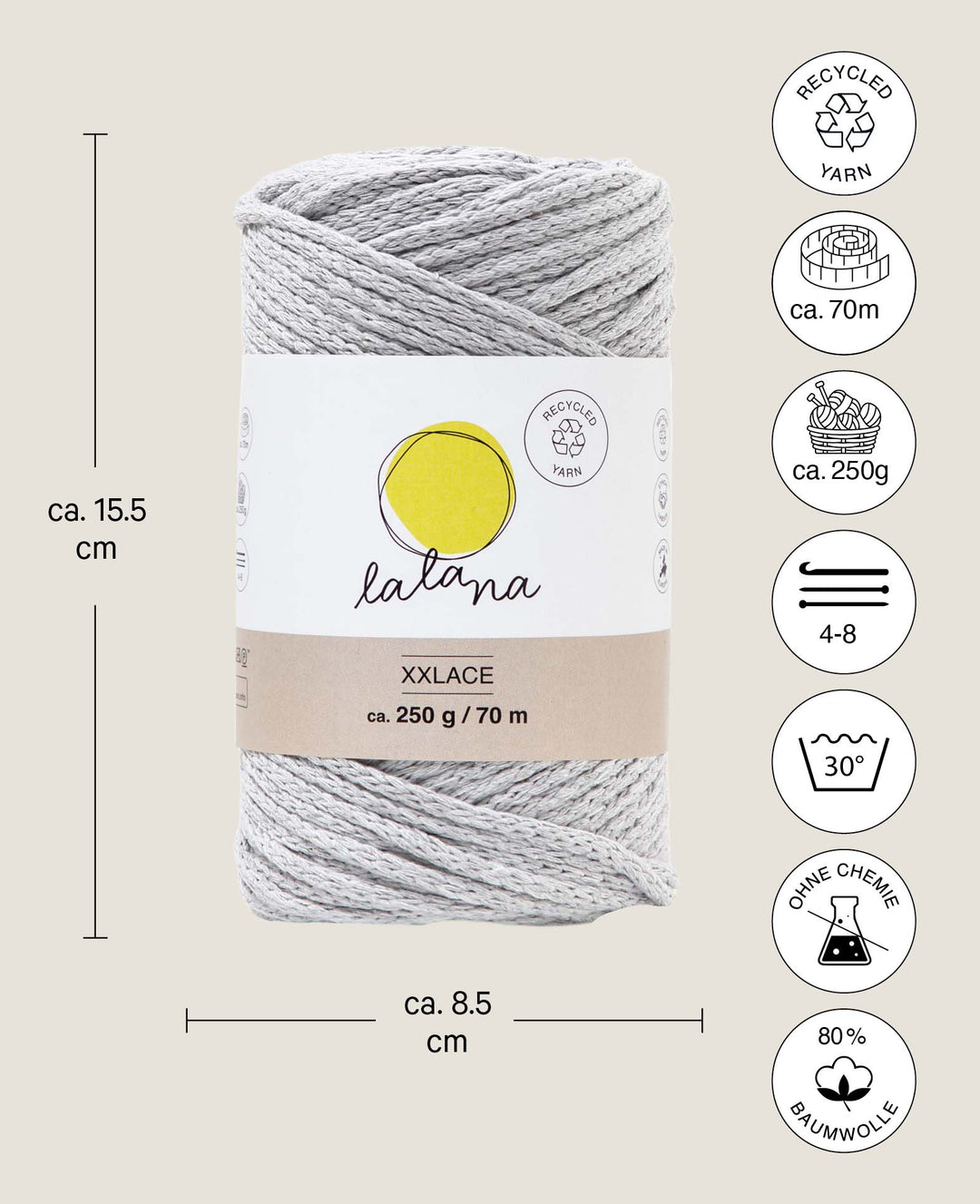 XXlace light grey, Lalana chain yarn for crochet, knitting, knotting &amp; macramé projects, light grey, approx. 3 mm x 70 m, approx. 200 g