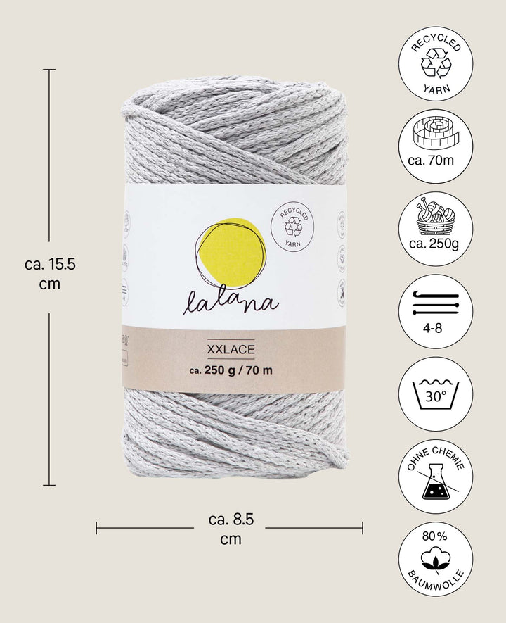 XXlace light grey, Lalana chain yarn for crochet, knitting, knotting &amp; macramé projects, light grey, approx. 3 mm x 70 m, approx. 200 g