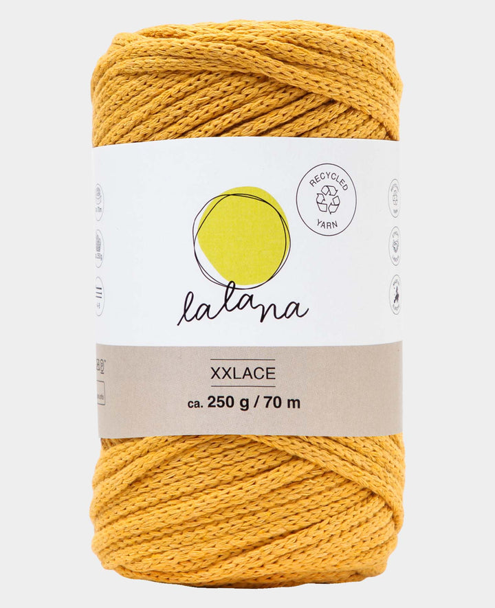 XXlace mustard, Lalana Kettengarn zum Häkeln, Stricken, Knüpfen &amp; Makramee, Senfgelb, ca. 3 mm x 70 m, ca. 200 g