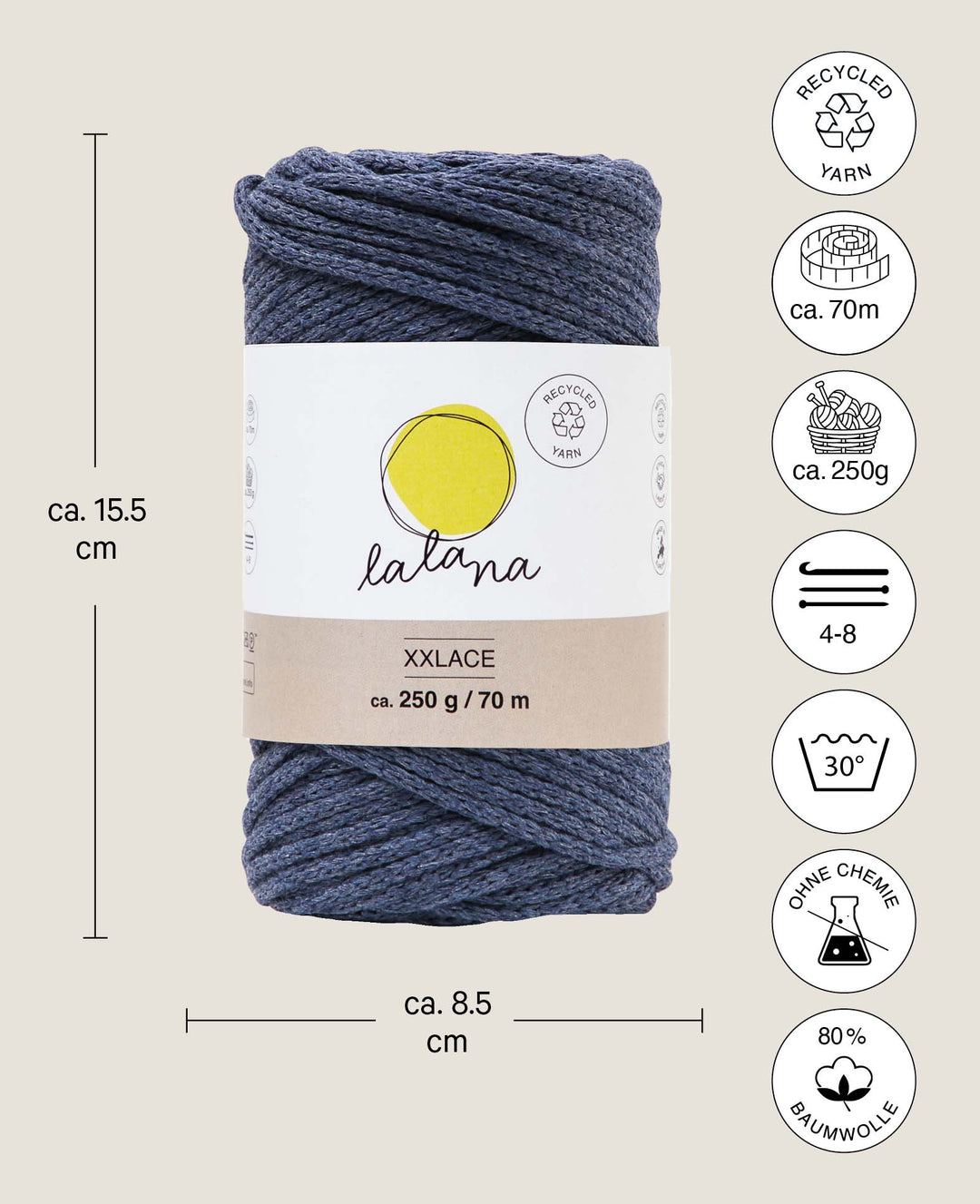Xxlace jeans, Lalana chain yarn for crochet, knitting, knotting &amp; macramé, blue-grey, approx. 3 mm x 70 m, approx. 200 g