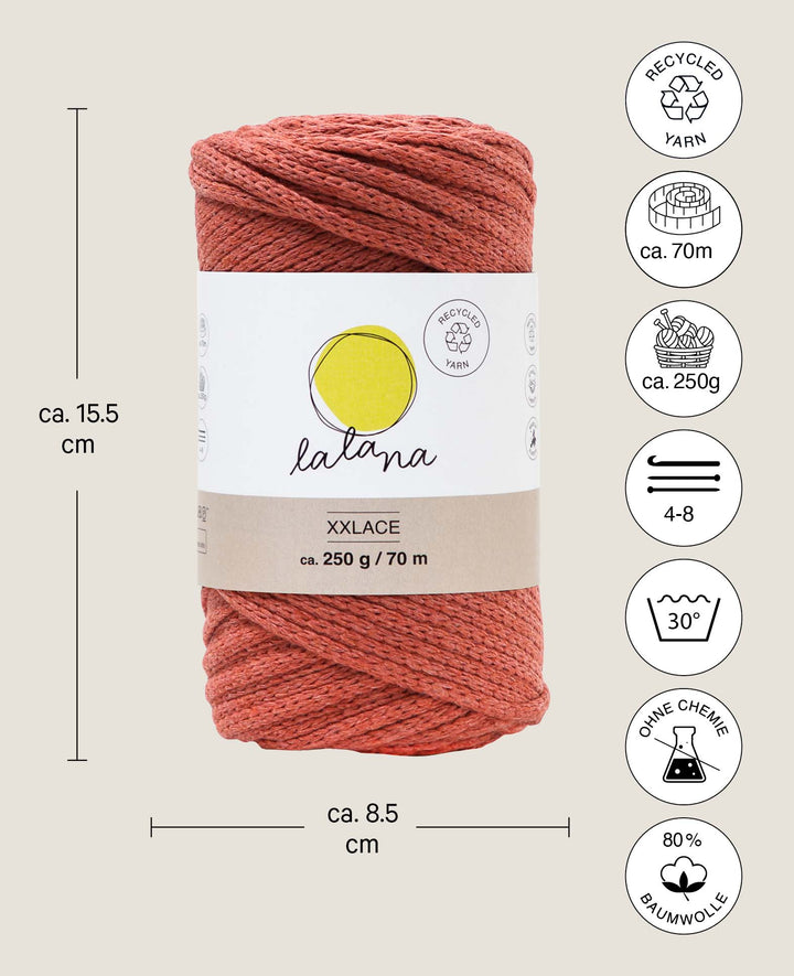 Xxlace rouille, fil chaîne Lalana pour crochet, tricot, nouage &amp; macramé, rouge rouille, env. 3 mm x 70 m, env. 200 g