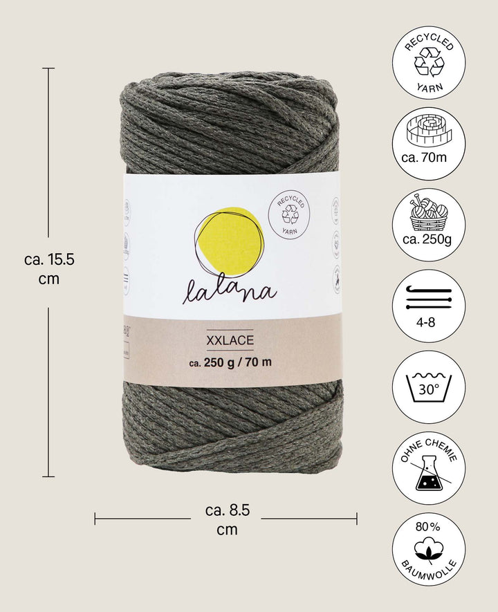 Xxlace Kaki, fil Lalana pour crochet, tricot, nouage &amp; macramé, couleur terre, env. 3 mm x 70 m, env. 200 g