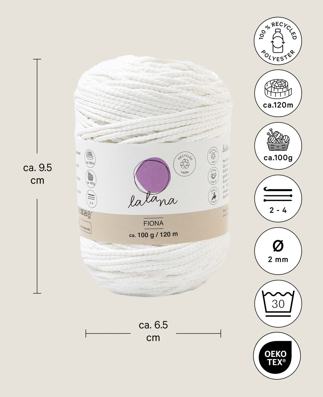Fiona white, fil chaînette Lalana, blanc, env. 100 g, env. 120 m, ø 2mm