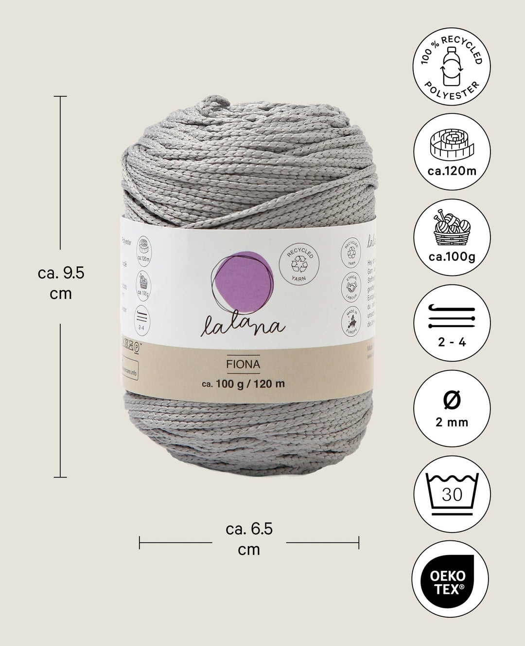 Fiona light grey, Lalana Kettengarn, Hellgrau, ca. 100 g, ca. 120 m, ø 2mm