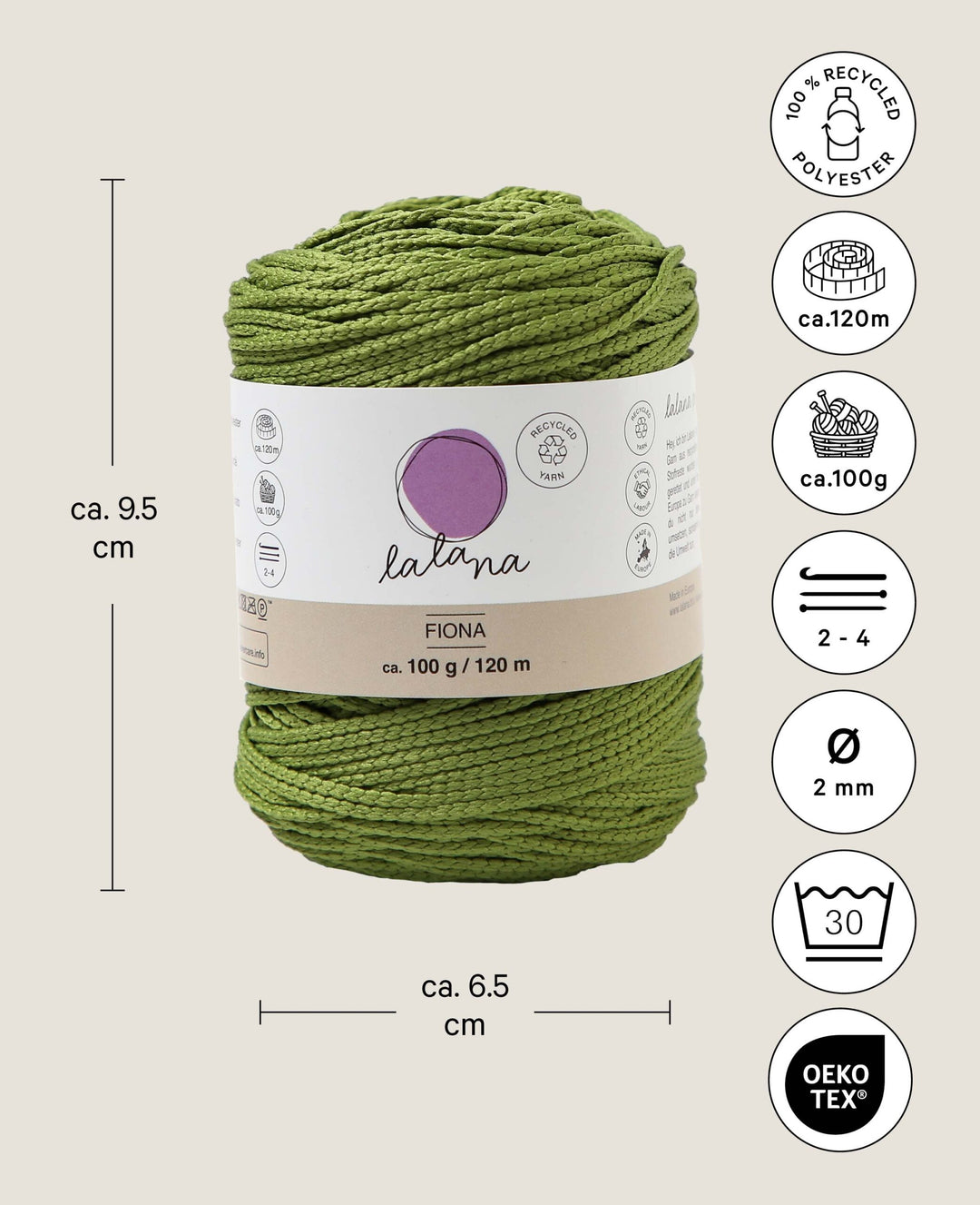 Fiona olive, Lalana chainette yarn, olive green, approx. 100 g, approx. 120 m, ø 2mm