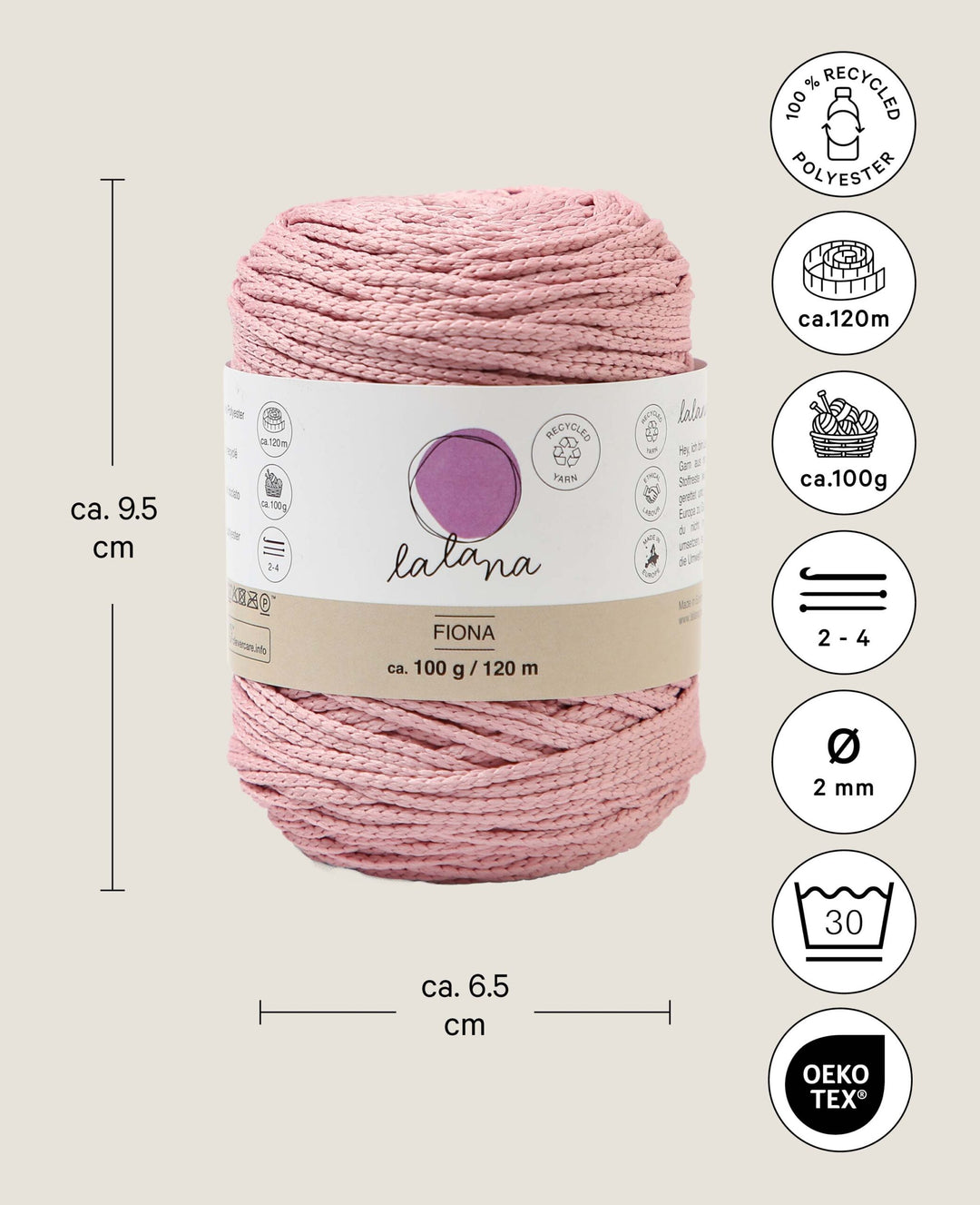 Fiona powder, Lalana chainette yarn, powder pink, approx. 100 g, approx. 120 m, ø 2mm