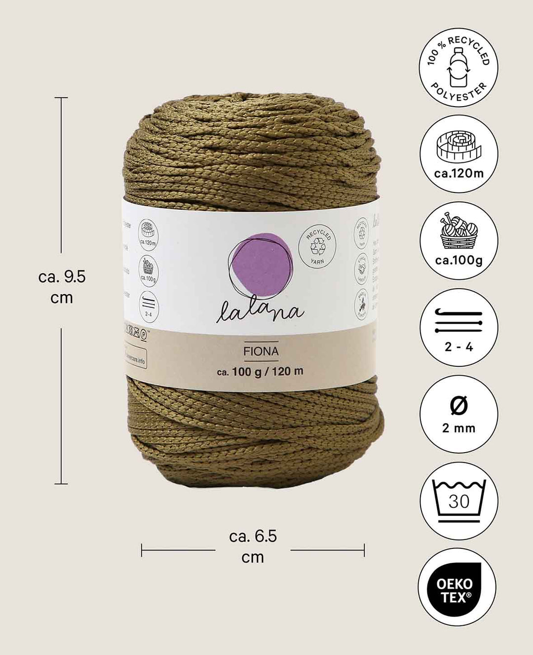 Fiona khaki, Lalana chainette yarn, approx. 100 g, approx. 120 m, ø 2mm