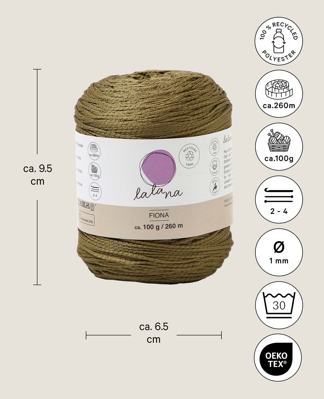 Fiona khaki, Lalana chainette yarn, approx. 100 g, approx. 260 m, ø 1mm