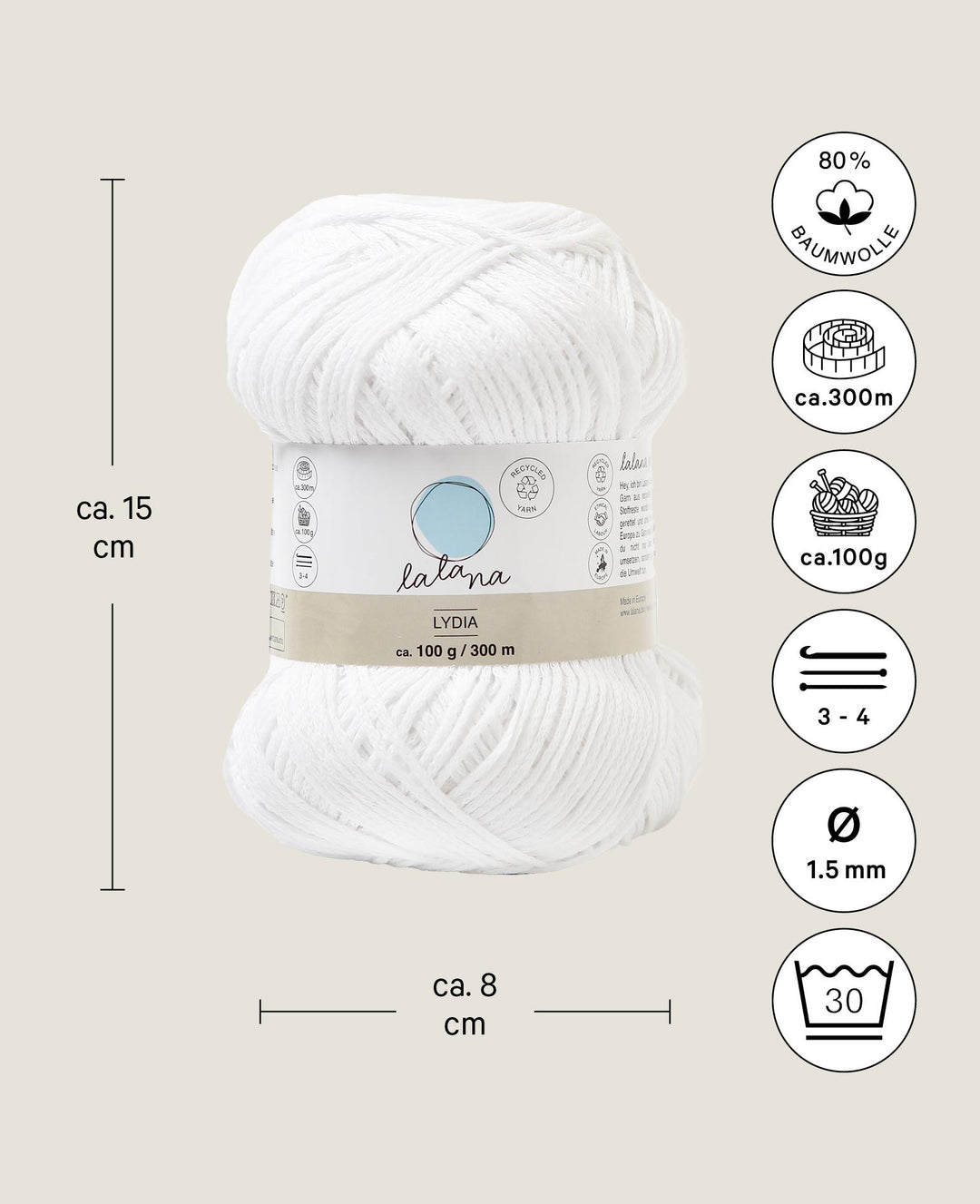Lydia White, Lalana Chain Yarn, White, approx. 100 g, approx. 300 m, ø 1.5mm