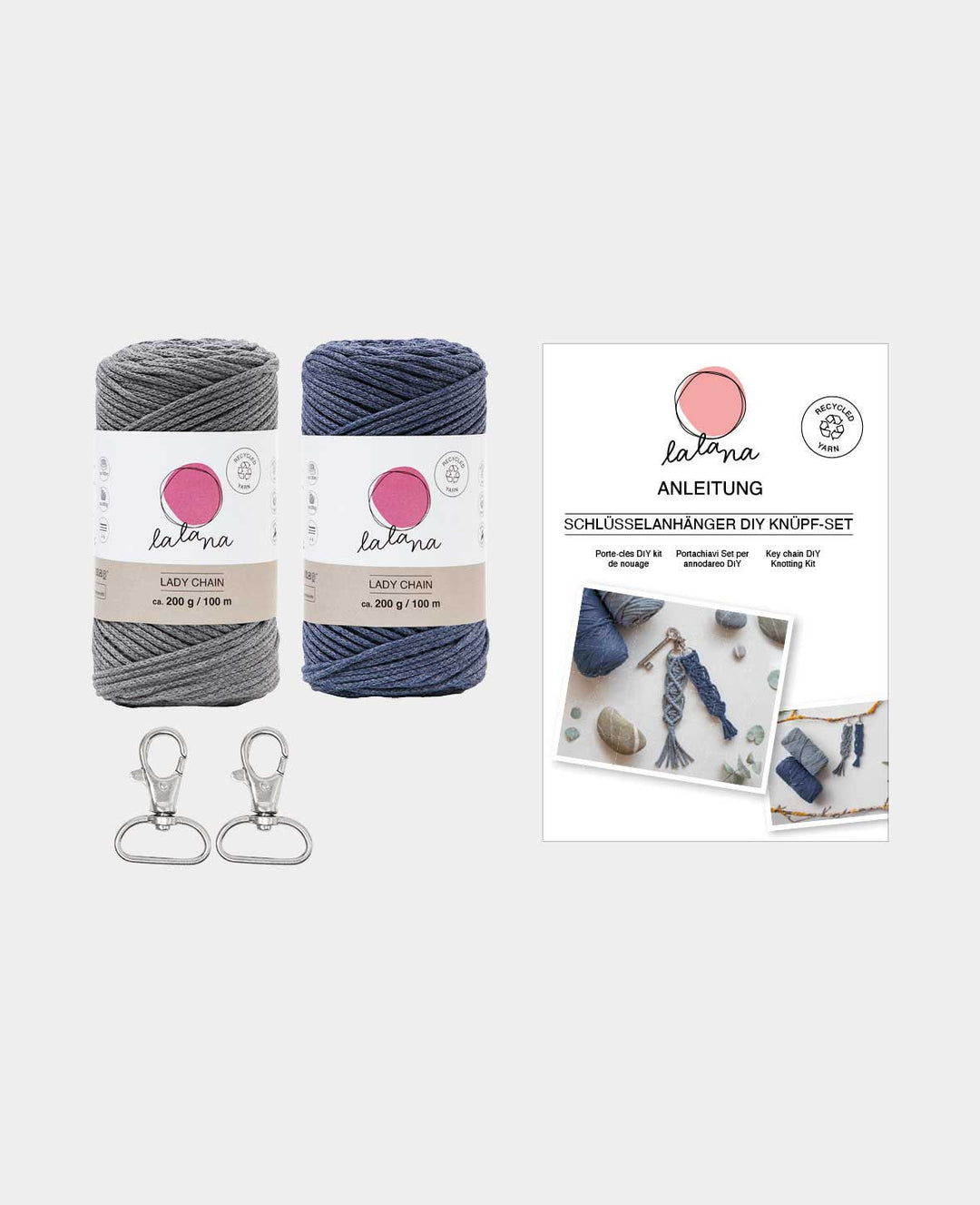 Makramee Set "Schlüsselanhänger", Komplettset inkl. Anleitung, Grau &amp; Blau, 5 tlg.