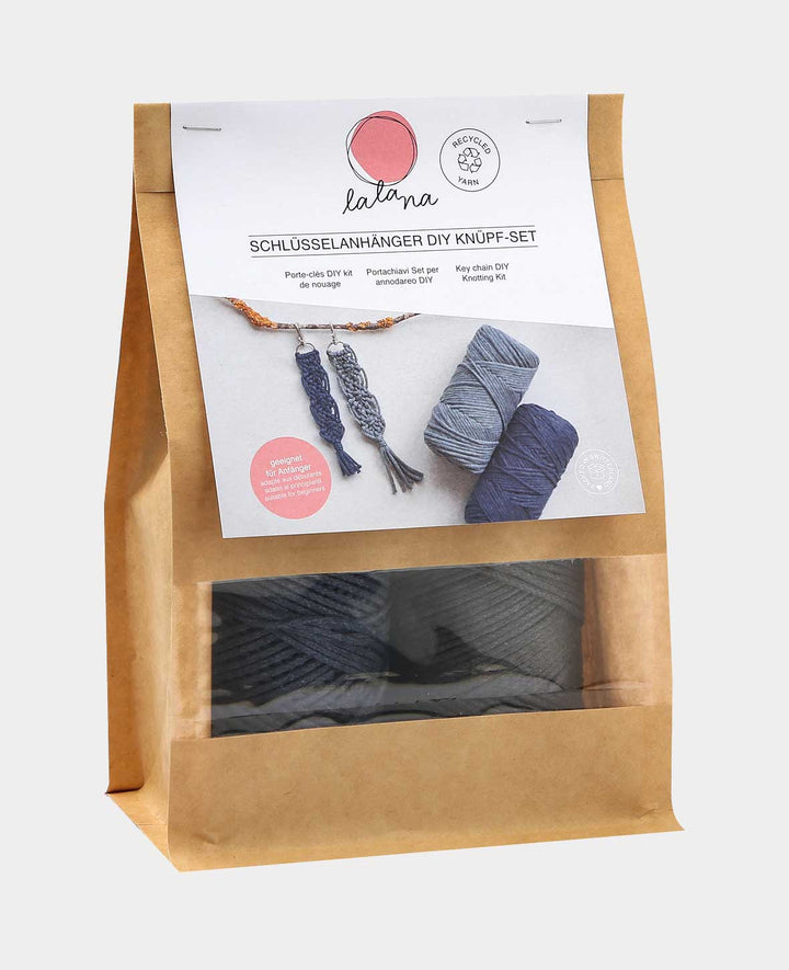 Makramee Set "Schlüsselanhänger", Komplettset inkl. Anleitung, Grau &amp; Blau, 5 tlg.