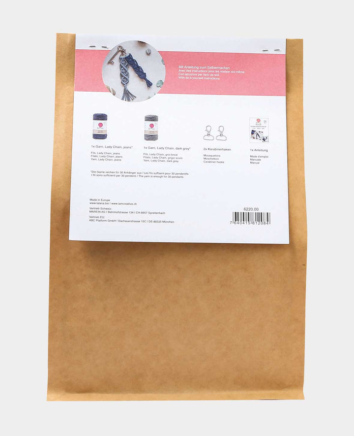 Makramee Set "Schlüsselanhänger", Komplettset inkl. Anleitung, Grau &amp; Blau, 5 tlg.