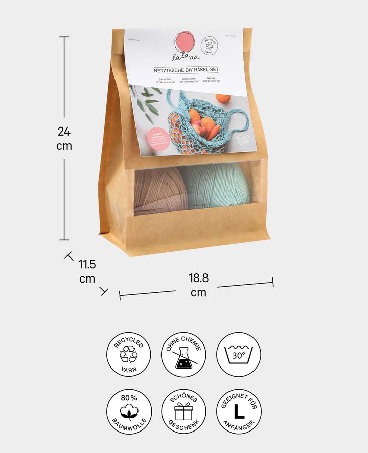 Häkel Set "Netztasche", Komplettset inkl. Anleitung, Mint &amp; Braun, 4 tlg.