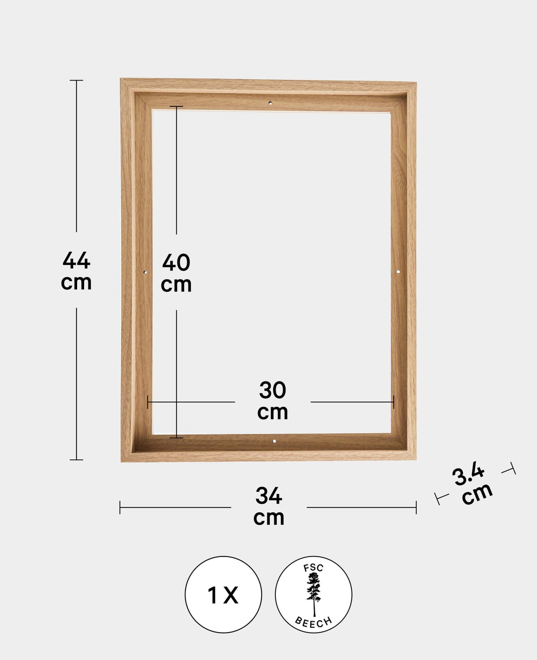 Shadow gap frame, 34 x 44 cm, for stretcher frame size 30 x 40 cm, beech wood