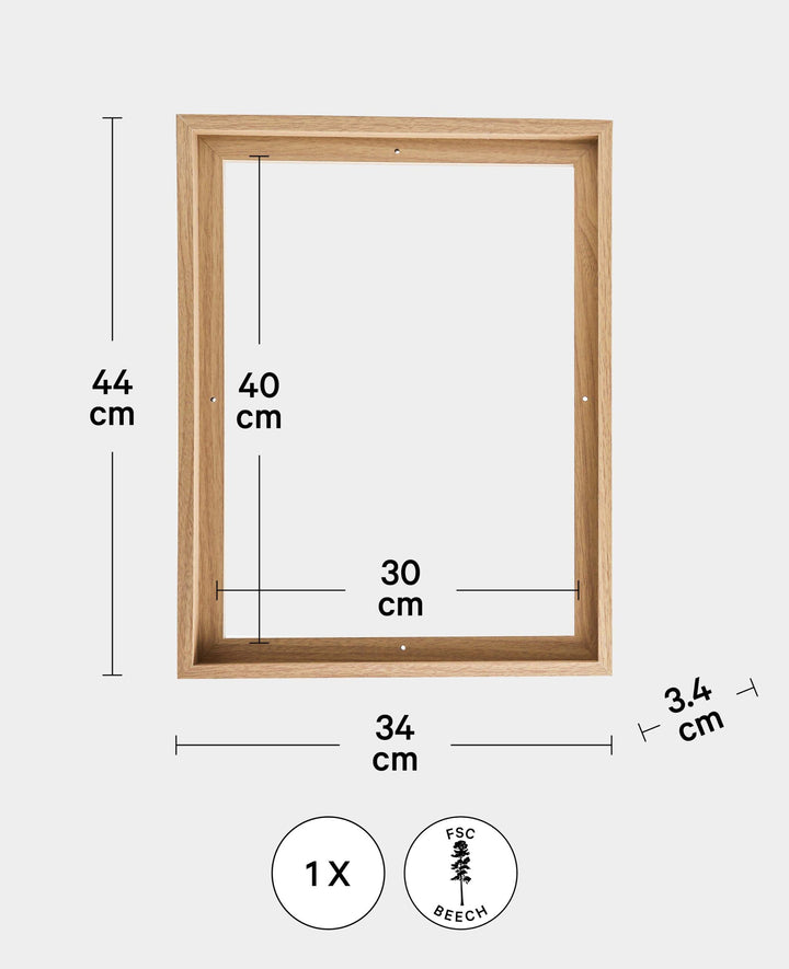 Shadow gap frame, 34 x 44 cm, for stretcher frame size 30 x 40 cm, beech wood
