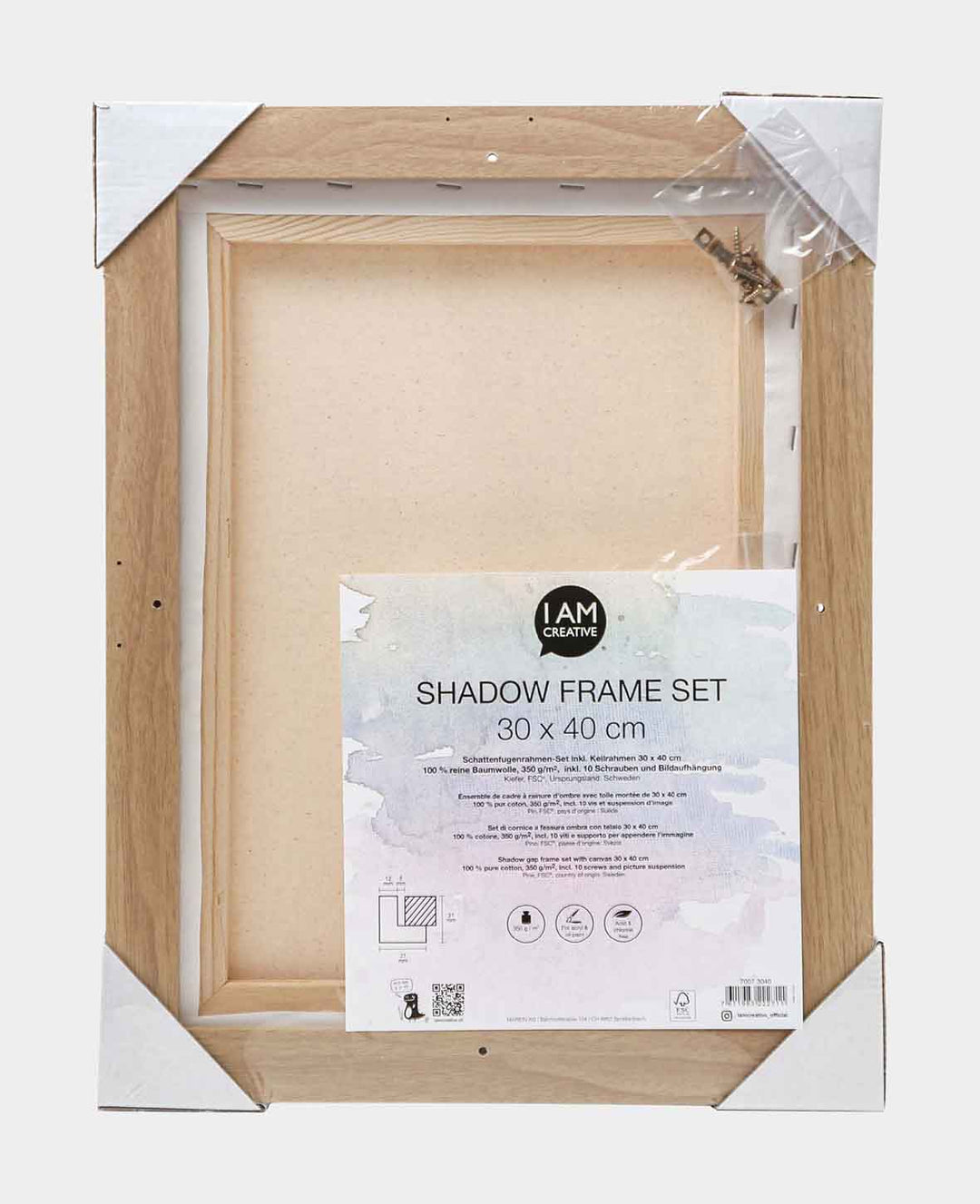 Shadow gap frame set, 34 x 44 cm, incl. stretcher frame (30 x 40 cm), pine wood