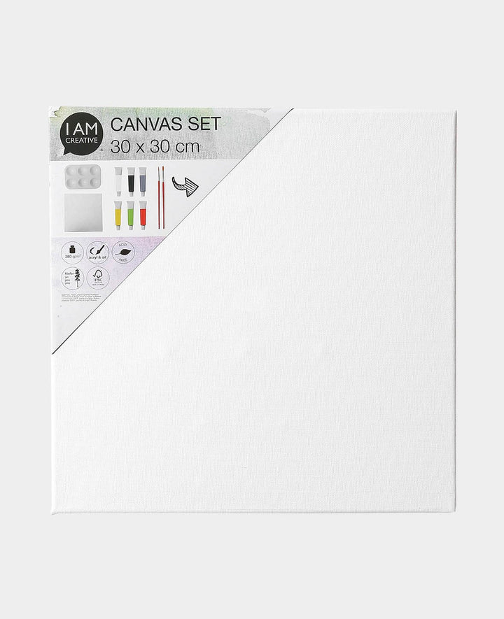 Keilrahmen Set inkl. Farbe, 30 x 30 cm, Leinwand Set mit 2 Pinseln, 6 Acryl Farbtuben, Weiss, 10 teilig