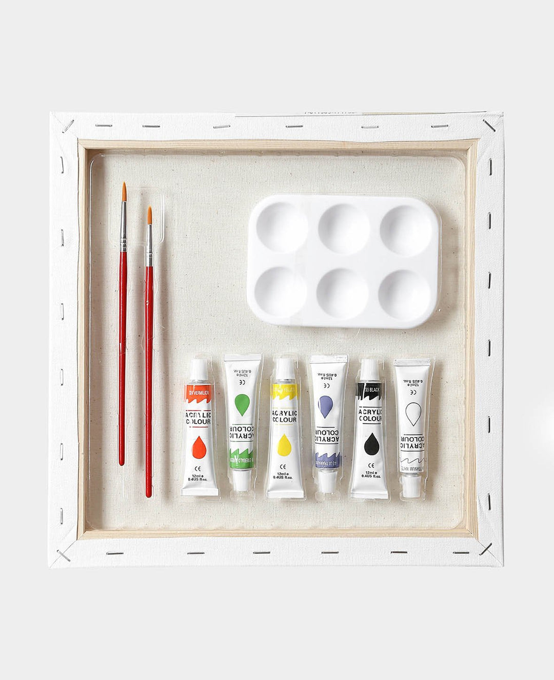 Keilrahmen Set inkl. Farbe, 30 x 30 cm, Leinwand Set mit 2 Pinseln, 6 Acryl Farbtuben, Weiss, 10 teilig