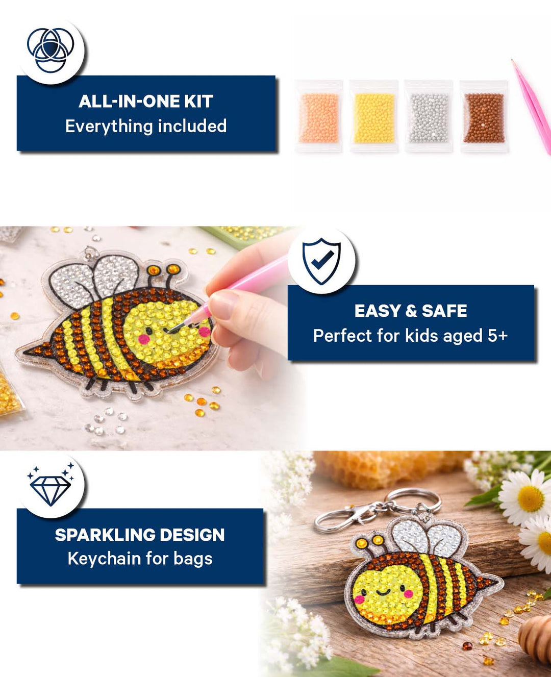 Diamond Painting Keychain, Bee, 5.7 x 6.5 cm