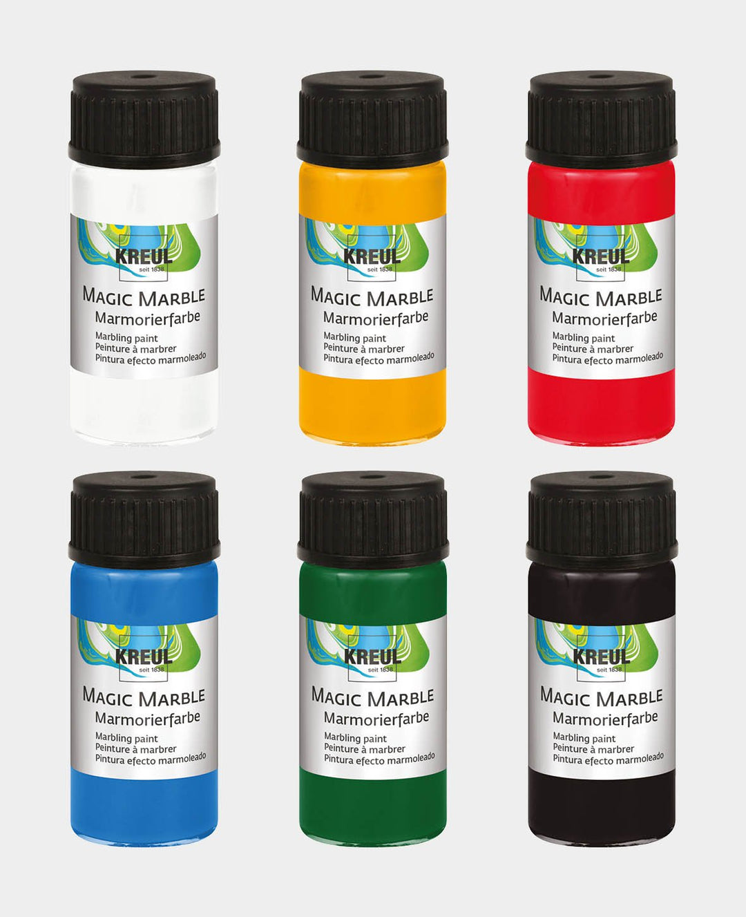 Magic Marble Marmorierfarben Set, Grundfarben, 6 x 20 ml, für Tauchmarmorierung